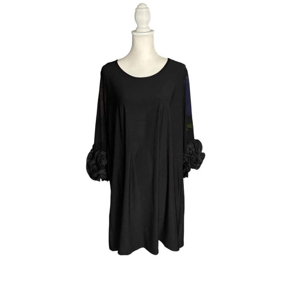 NWOT‎ Elegant Nina Leonard Black Mesh Sleeve Rose Cuff Tunic Top Plus Size 1X